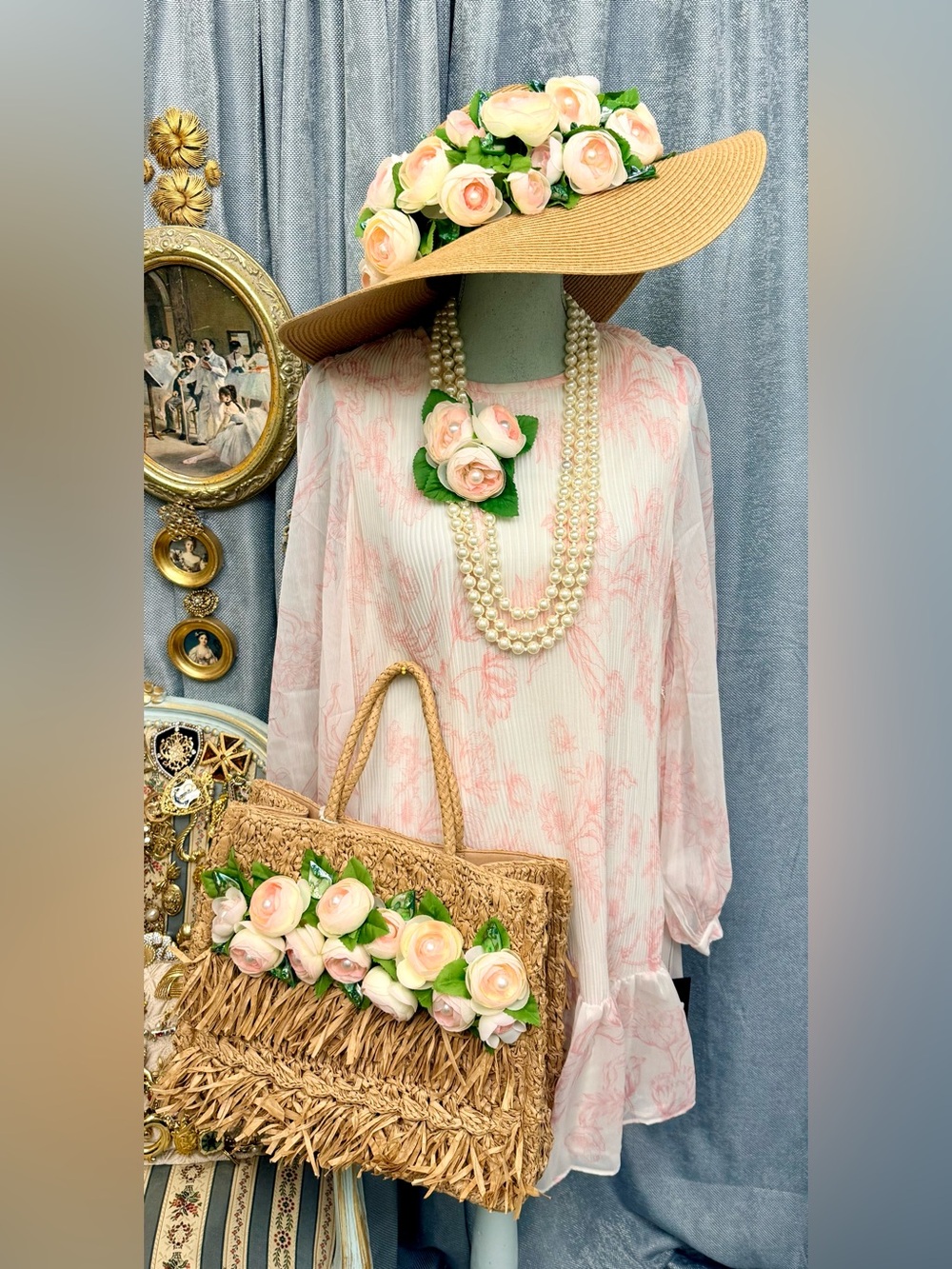 Summer in Provence Peony and Pearl Couture Trio Straw Bag, Hat And Necklace